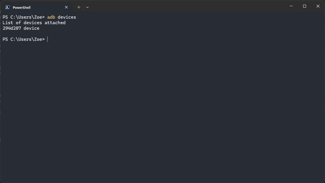Windows terminal showing adb devices with an authorized Snapmaker 2.0 touchscreen