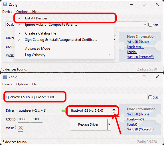 Screenshot of Zadig with the QDLoader 9008 device selected and libusb-win32 as the selected driver