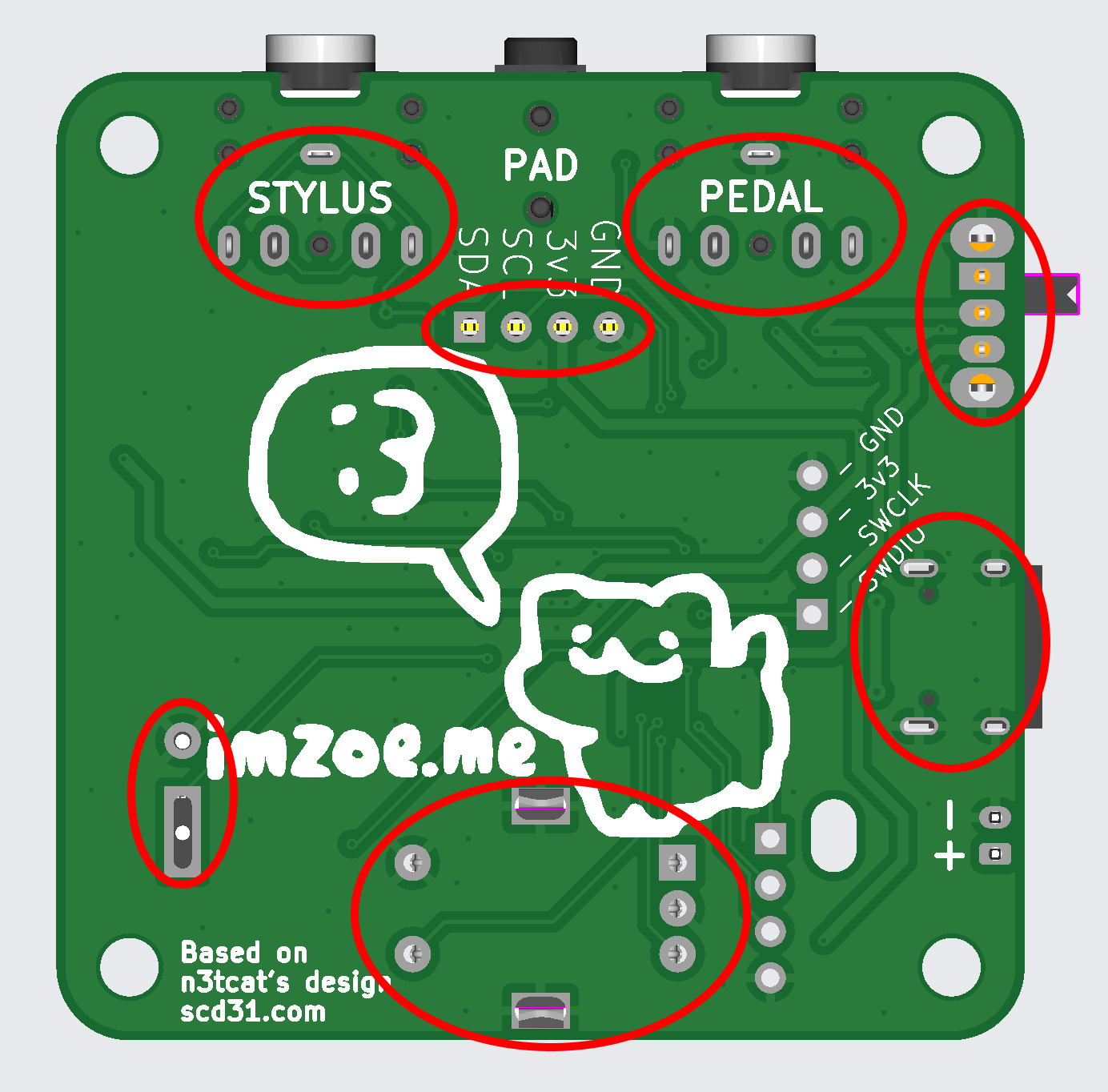 PCBA placement diagram of components that have been corrected, bottom view with red circles highlighting places that must be carefully checked