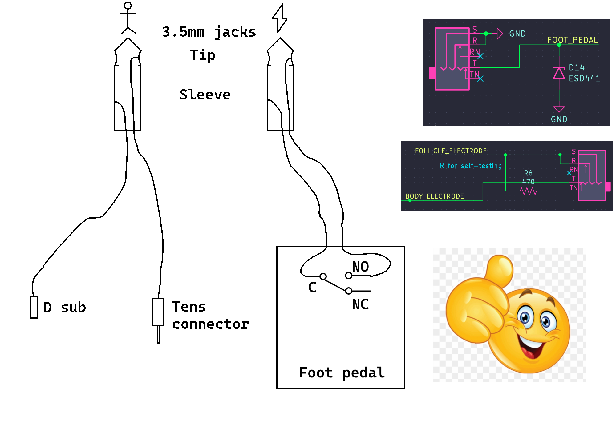 A crudely made paint.net diagram showing how to wire the pedal and stylus to the PCB